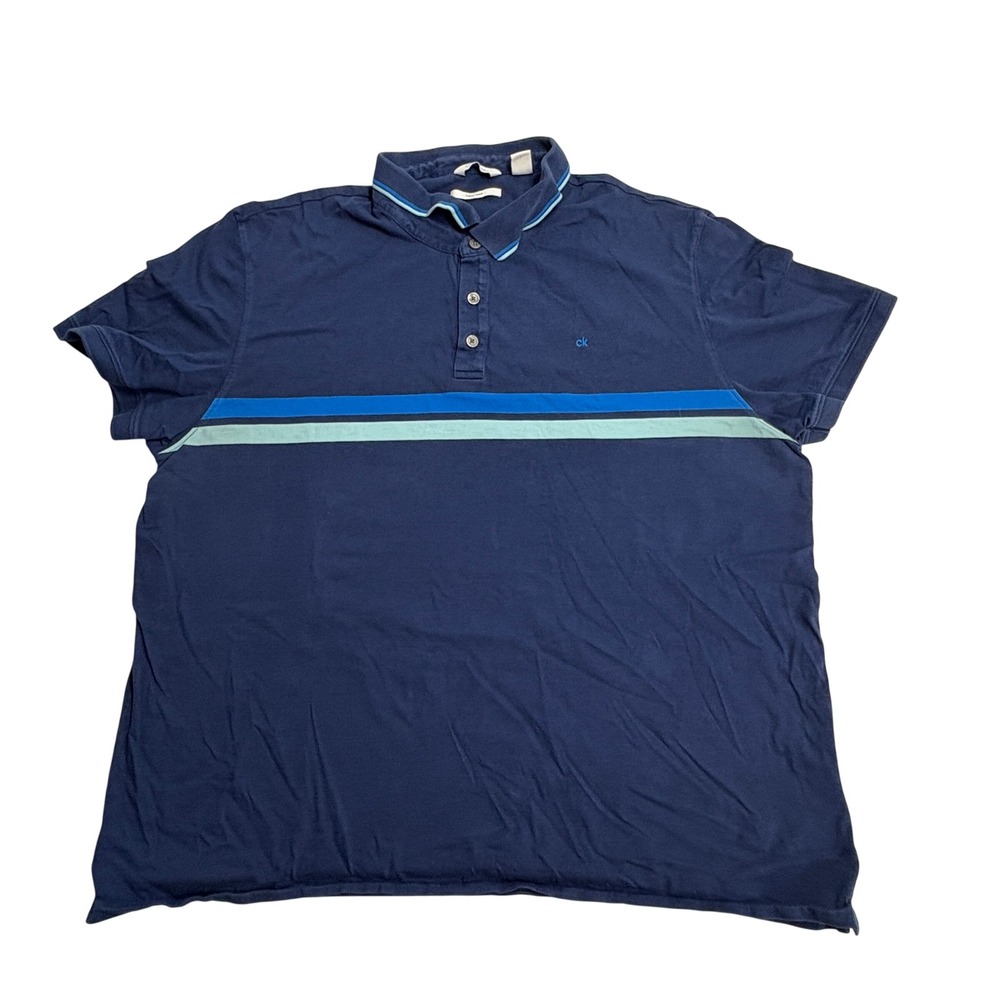 Calvin Klein Polo Shirt Men's XXL Navy Blue Liquid Touch Striped‎ Short Sleeve